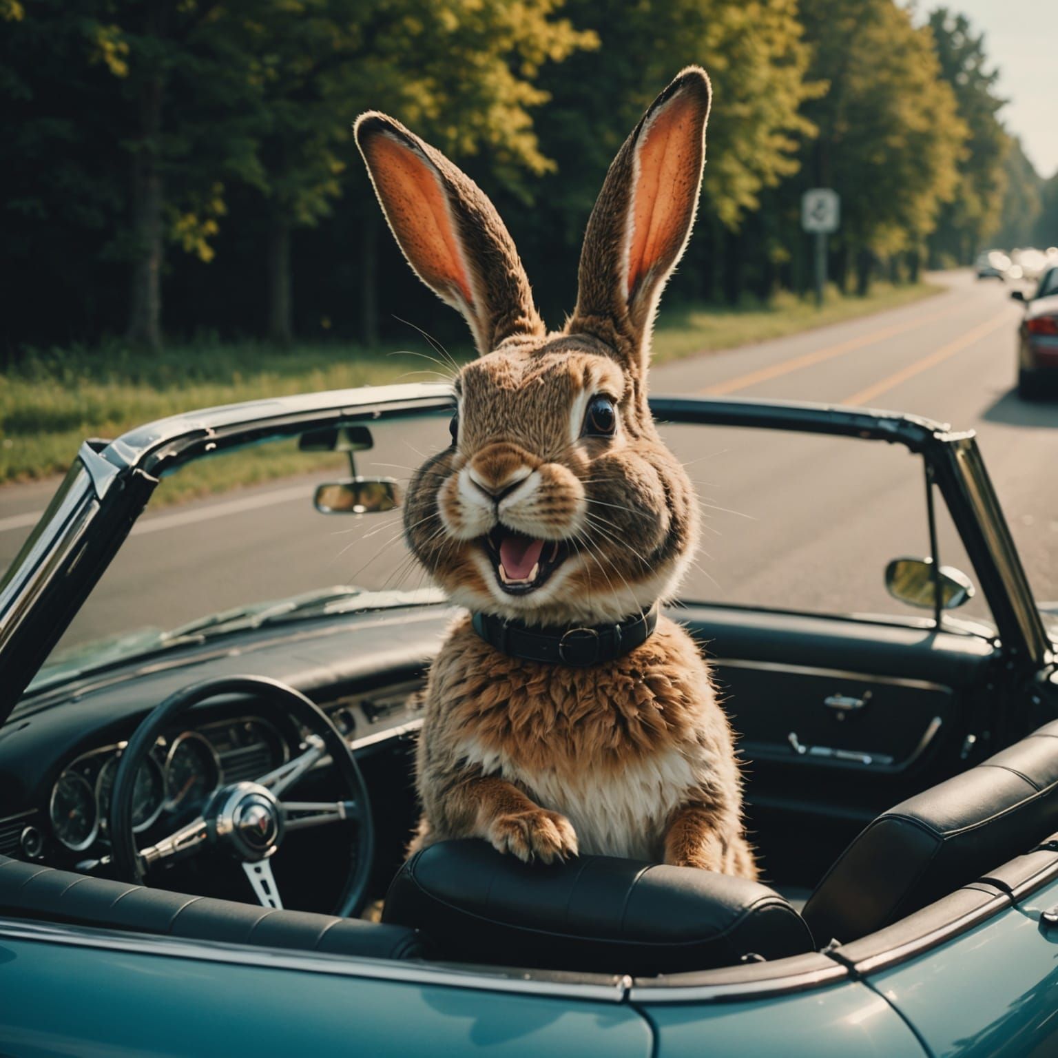 Laughing Bunny Driving a Convertible in Cinematic Style