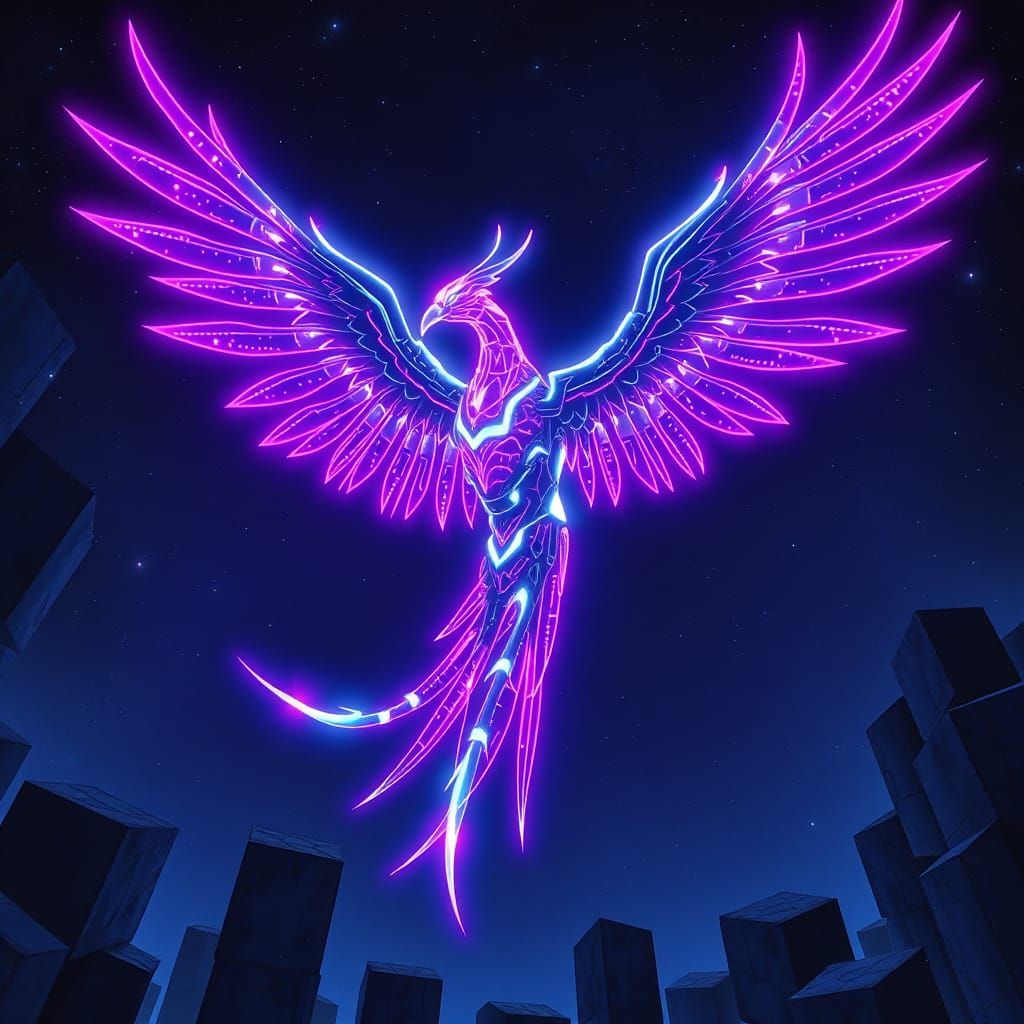 Cybernetic Phoenix Radiates in Futuristic Flight