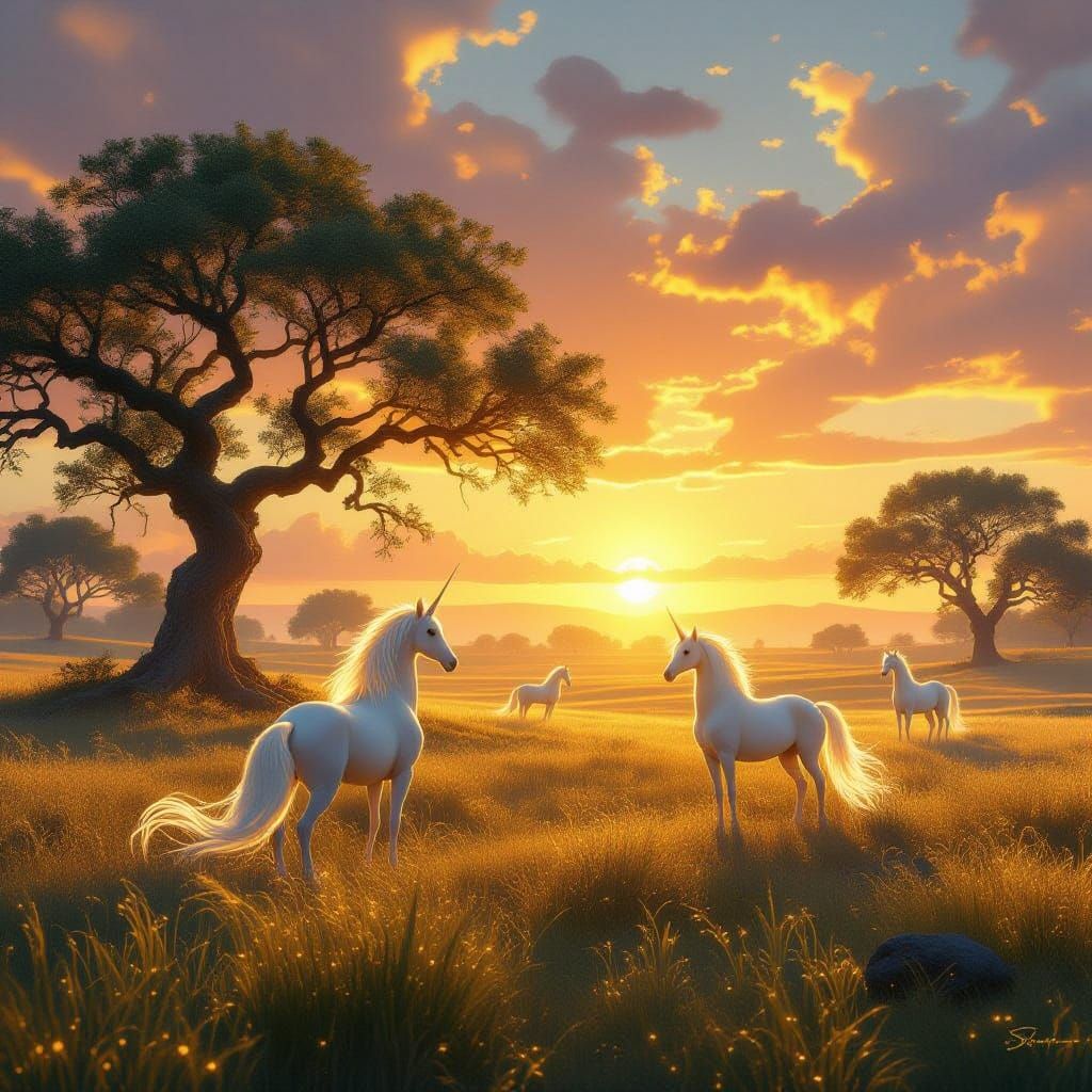 Ethereal Sunlight Creatures Awaken on Mystical Plains at Daw...