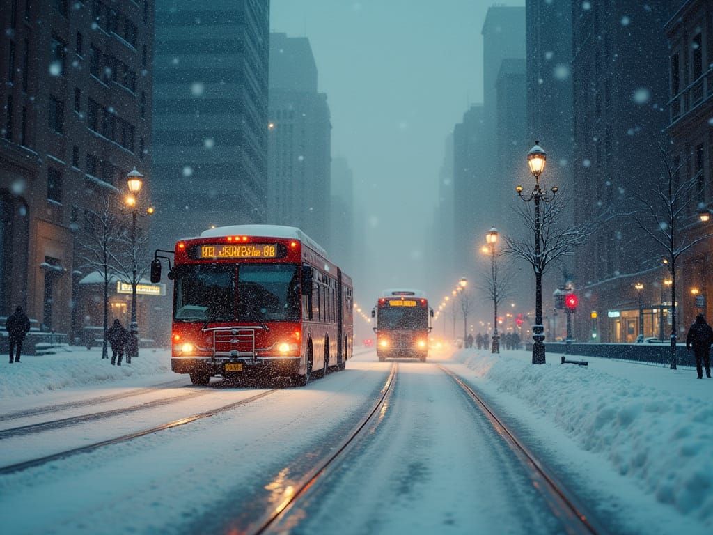 City buses are driving in snow