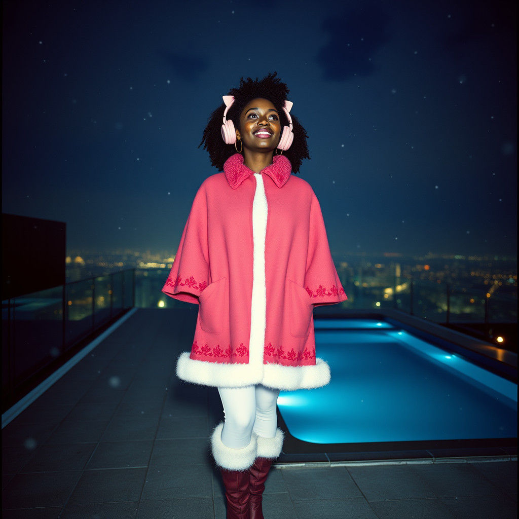Woman in Pink Gazing at Snowfall at Night