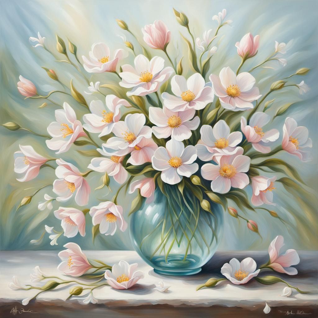 Romantic Oil Painting of Delicate Spring Flowers