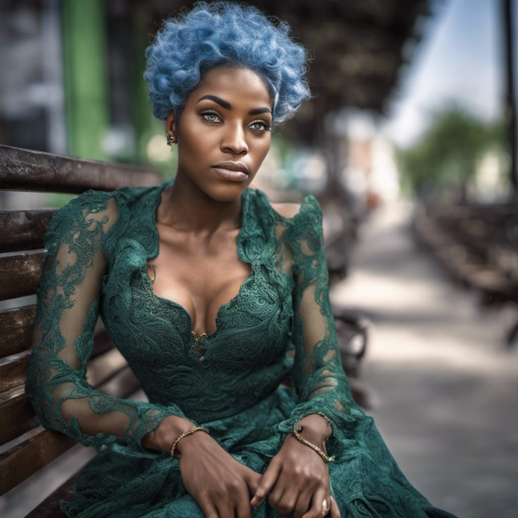 Blue-Haired Woman Sitting on Bench, Hyperrealistic Image