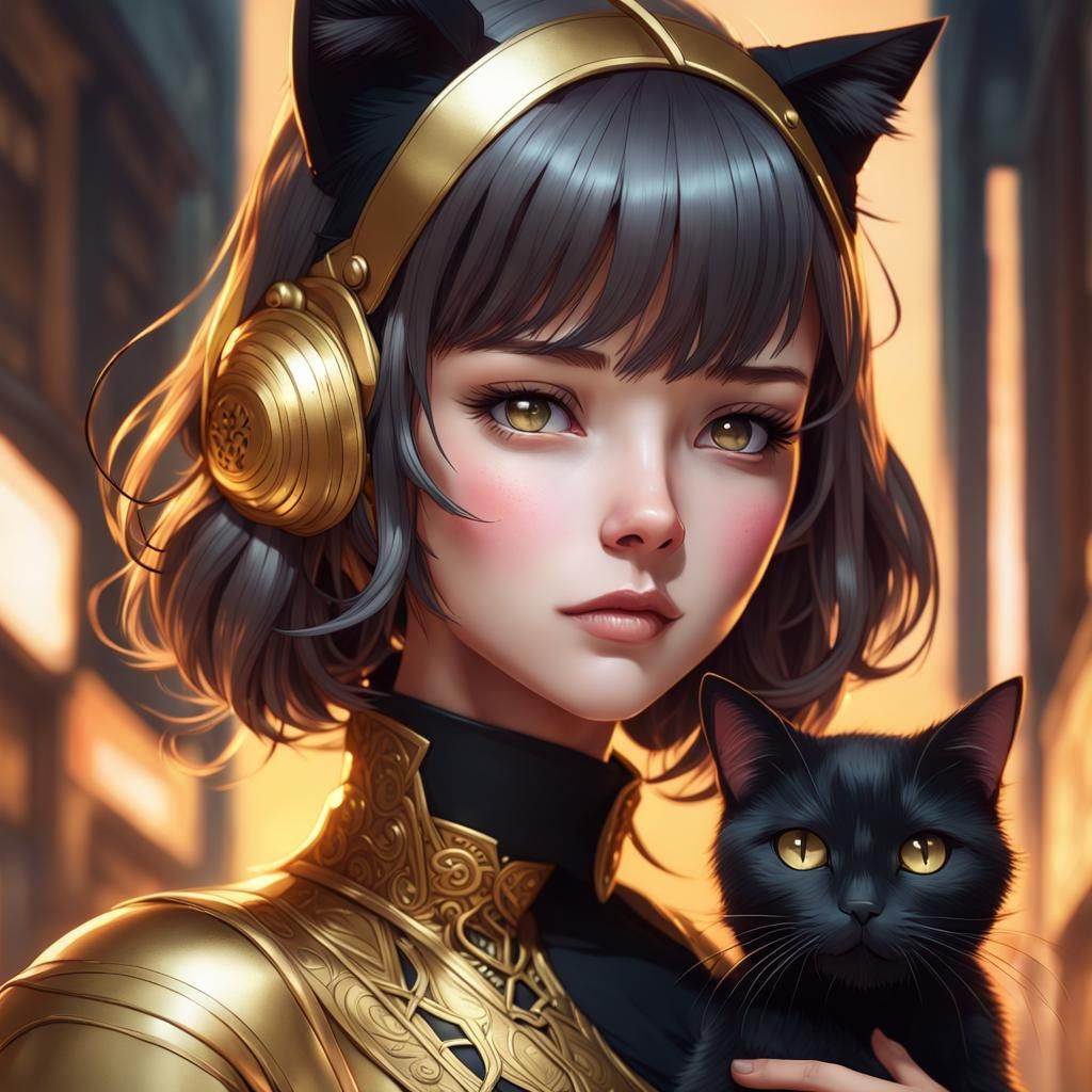 Anime Girl with Black Cat Portrait in Gold