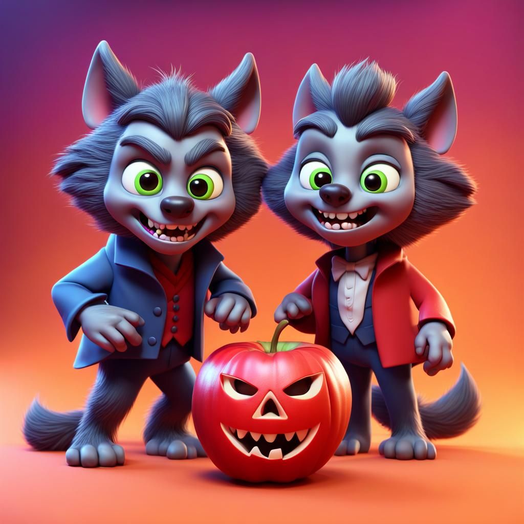 Halloween Werewolves and Vampires Bobbing for Apples