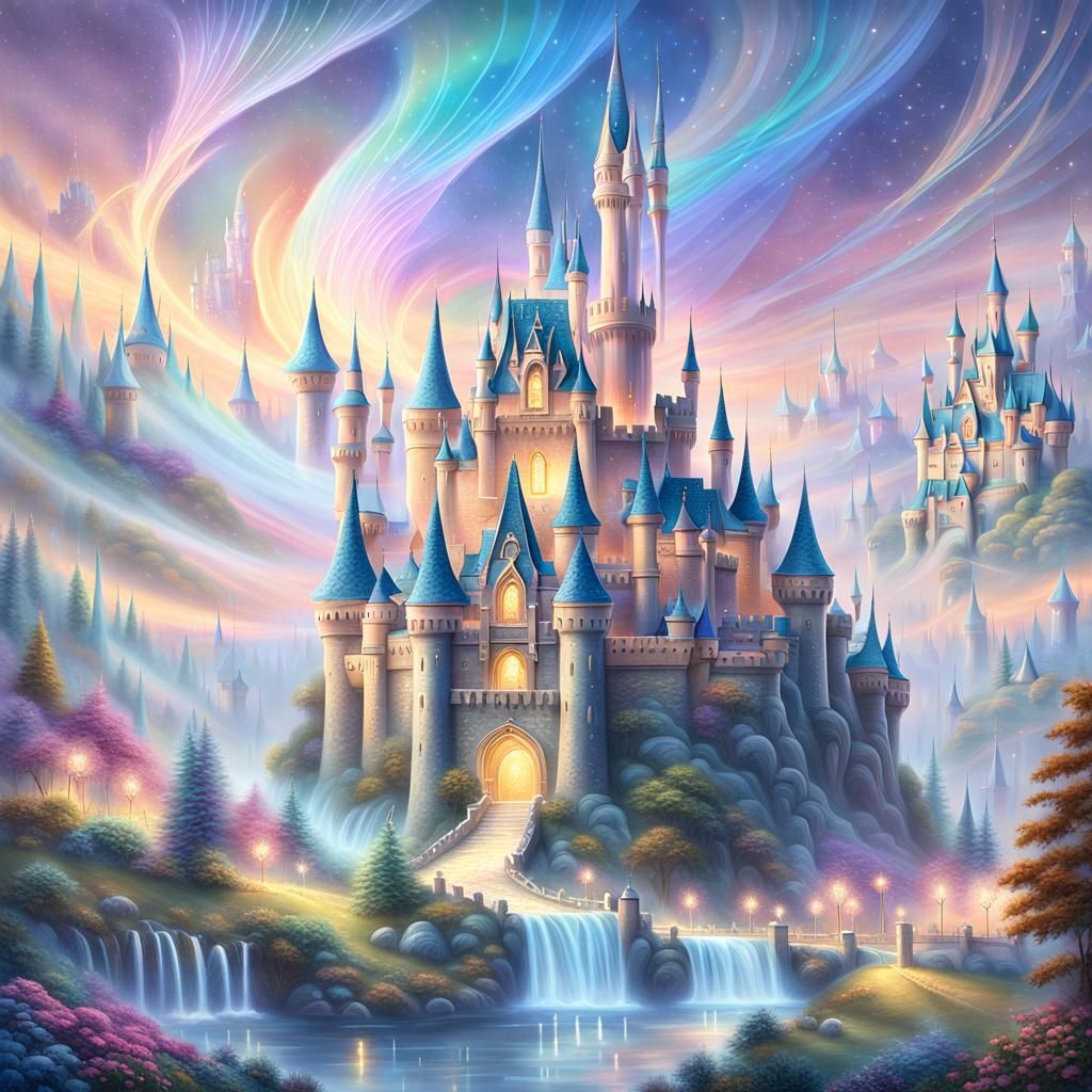 Dreamlike Castle with Floating Dwarfs in Pastel Colors