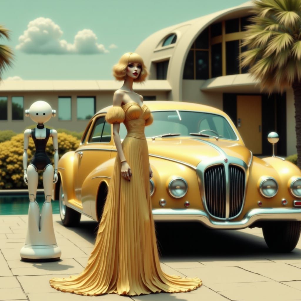 Retro-Futuristic Woman with Robot and Skycar