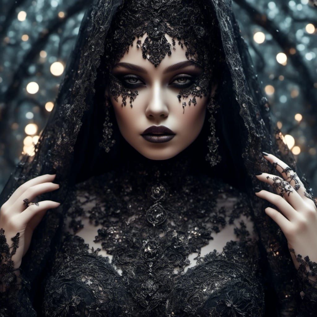 Curvy Goth Girl with Purple Eyes and Lace Dress