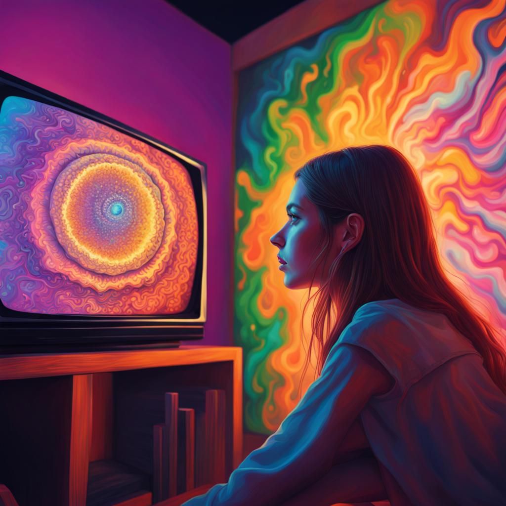 Girl Watching Psychedelic TV in Splash Art Style