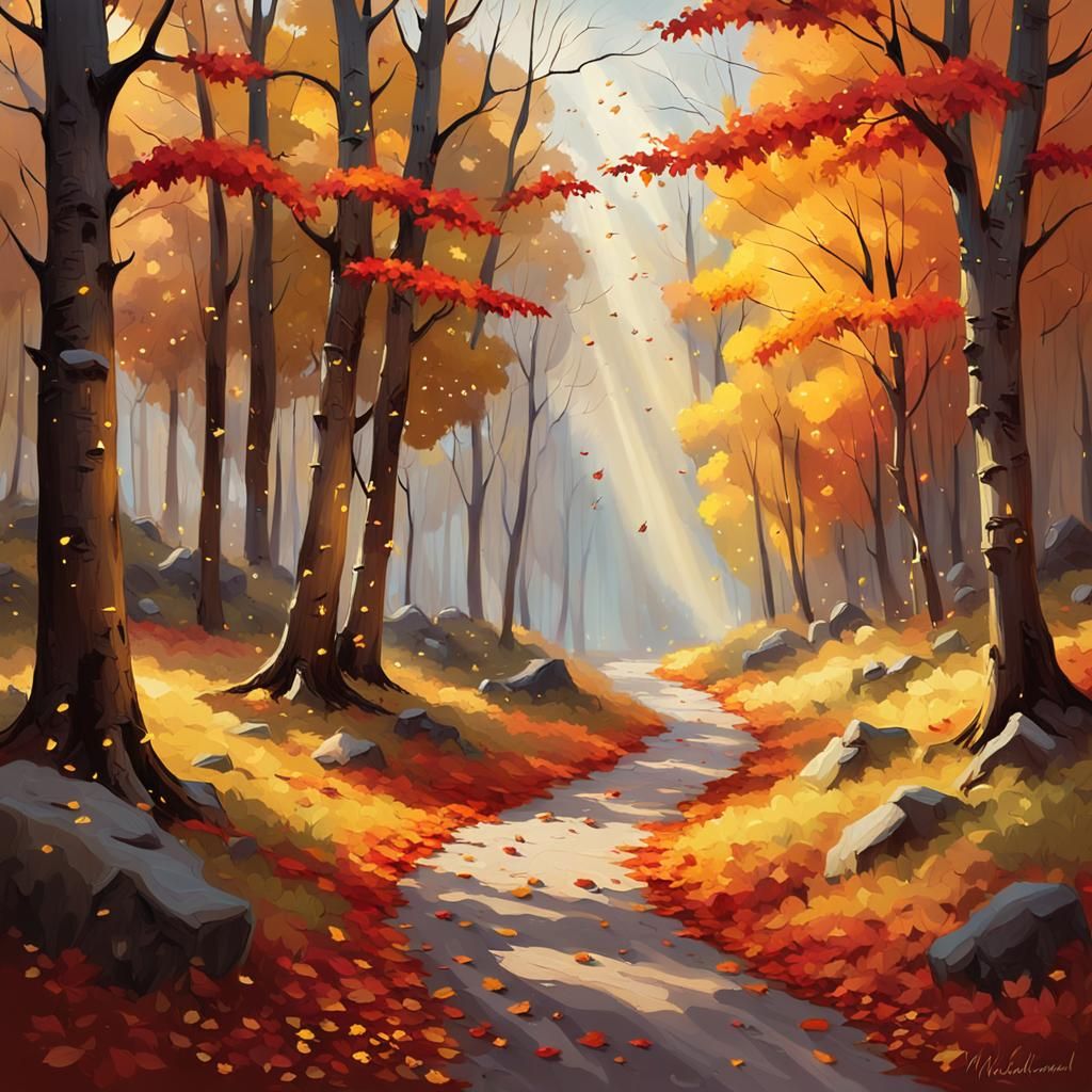 Vibrant Autumn Landscape with Fireflies