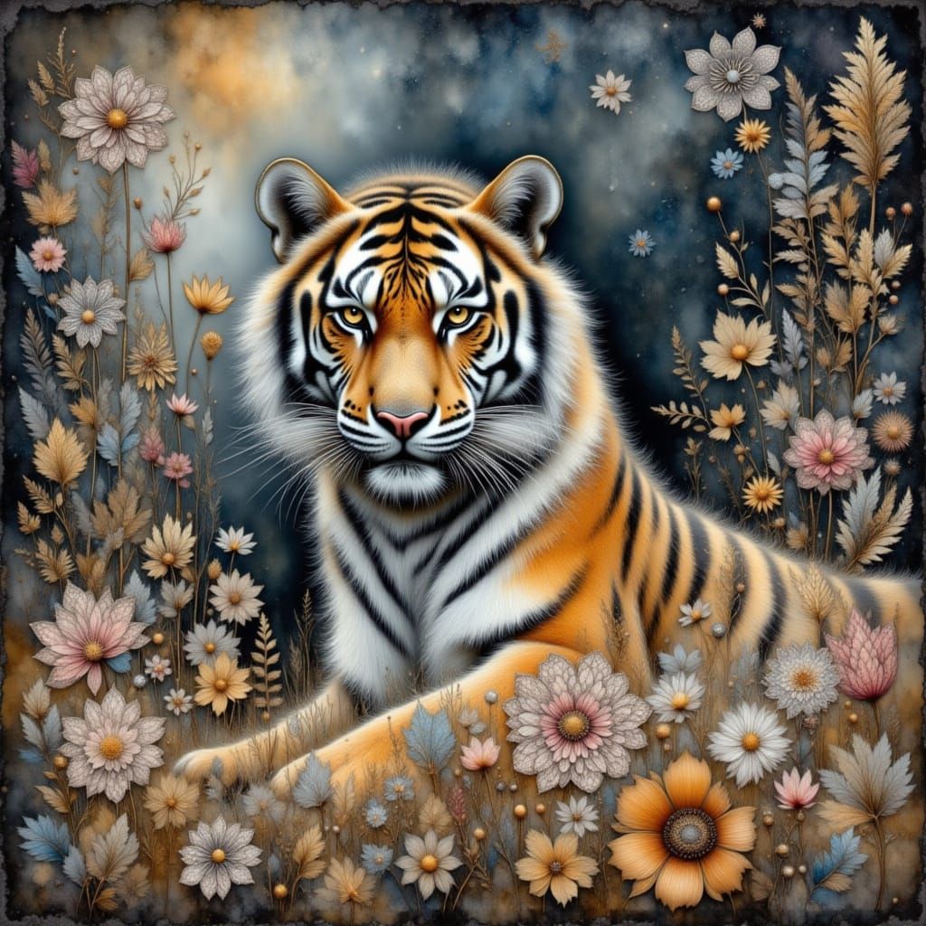 Watercolor Tiger in Misty Night Forest