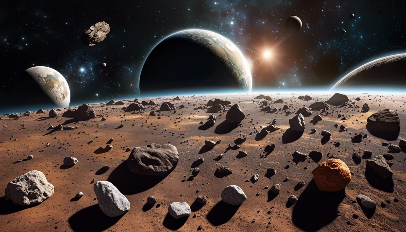 Asteroids and Meteoroids Floating in Space