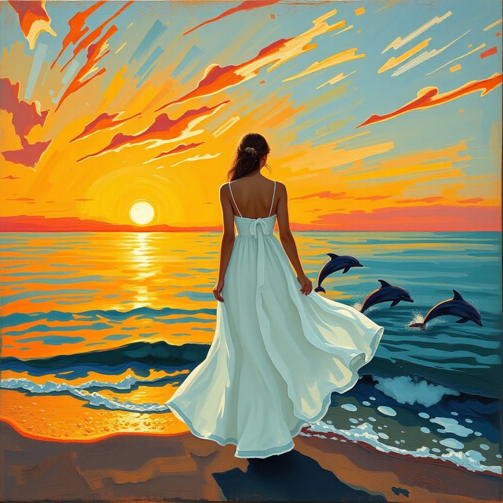 Serene Sunset Scene with Dolphins, Expressive Brushstrokes