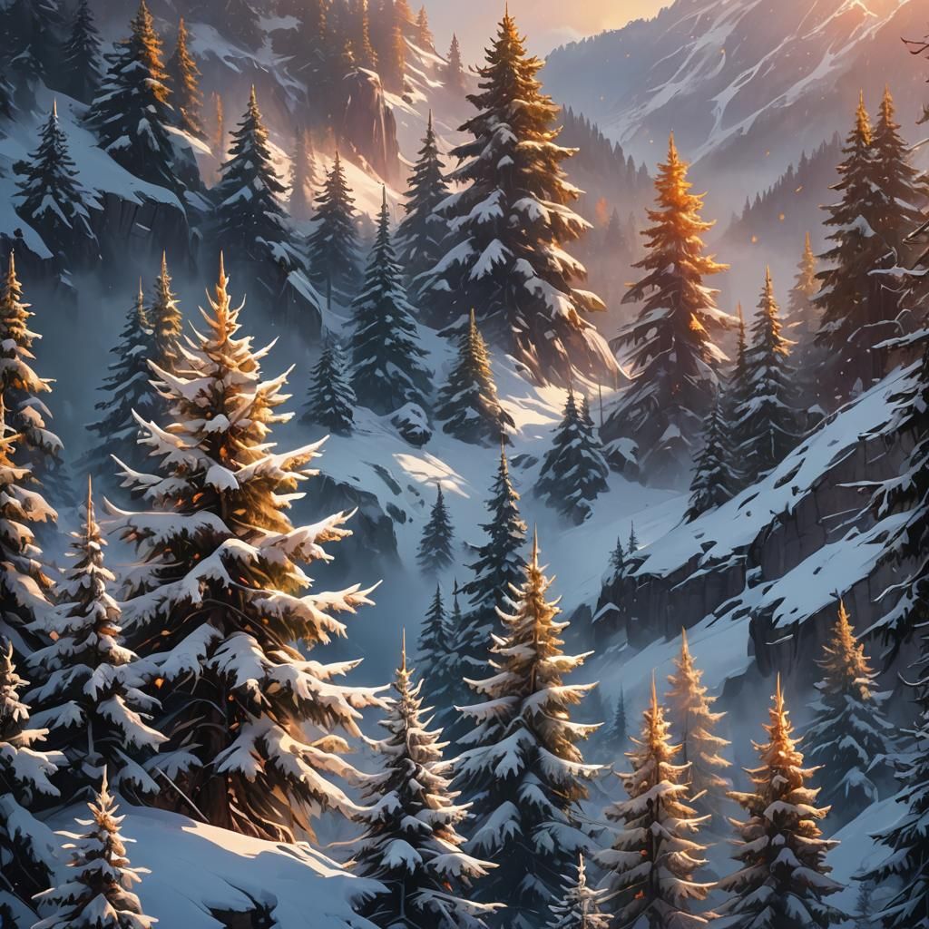 Winter Mountain Landscape in Fantasy Oil Painting