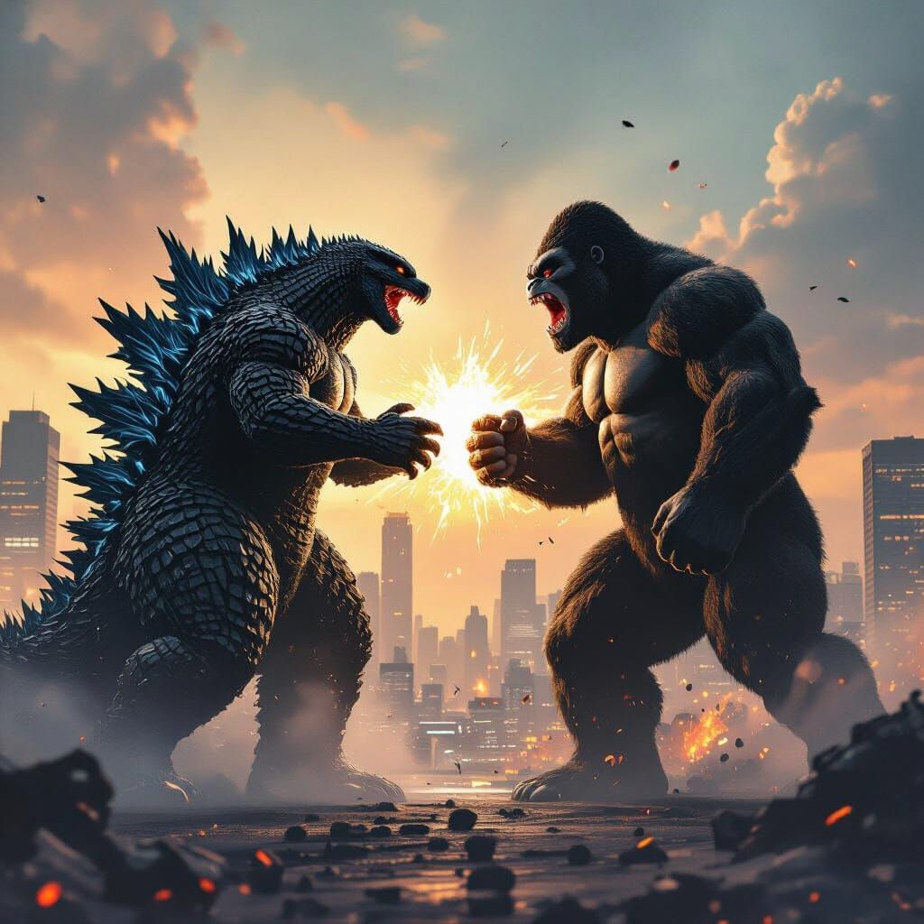 Godzilla & King Kong Battle in Cityscape, Sci-Fi Style
