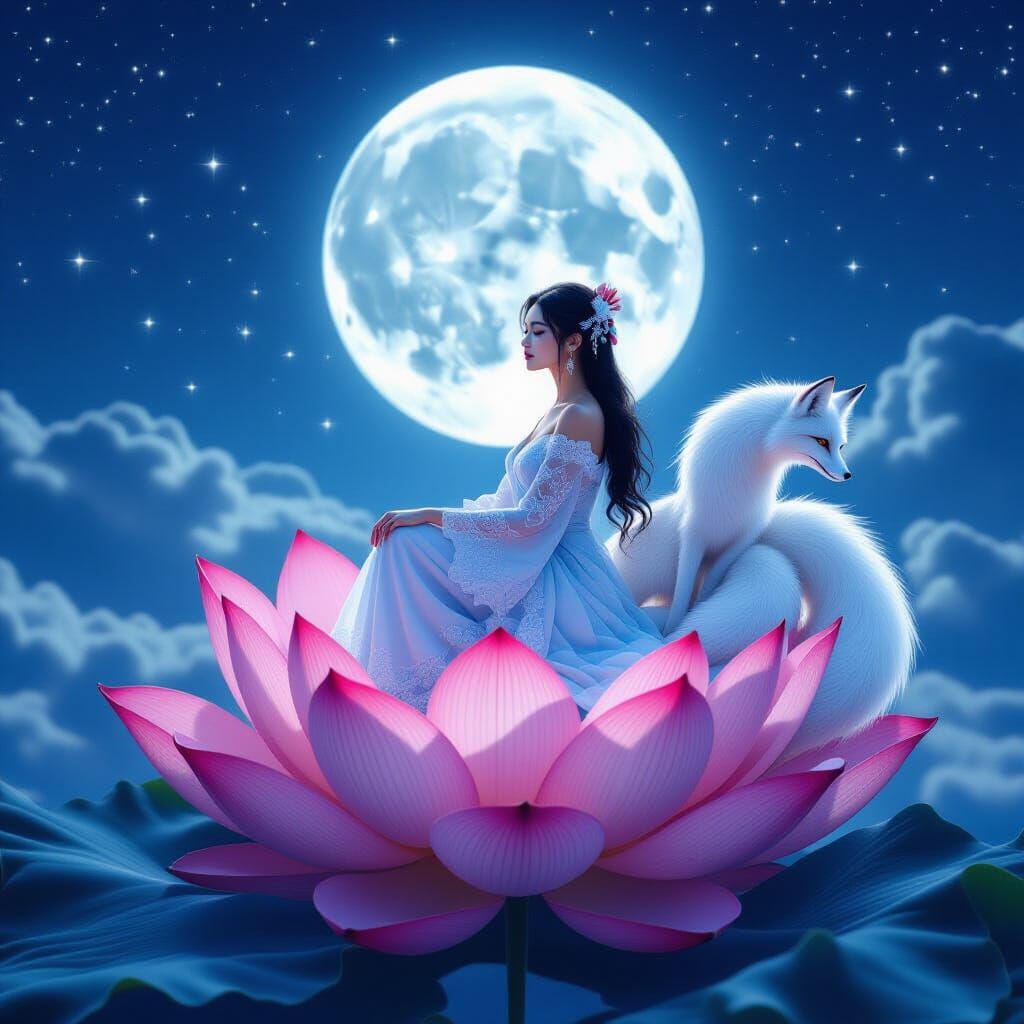 Woman & Fox Under Moonlit Sky