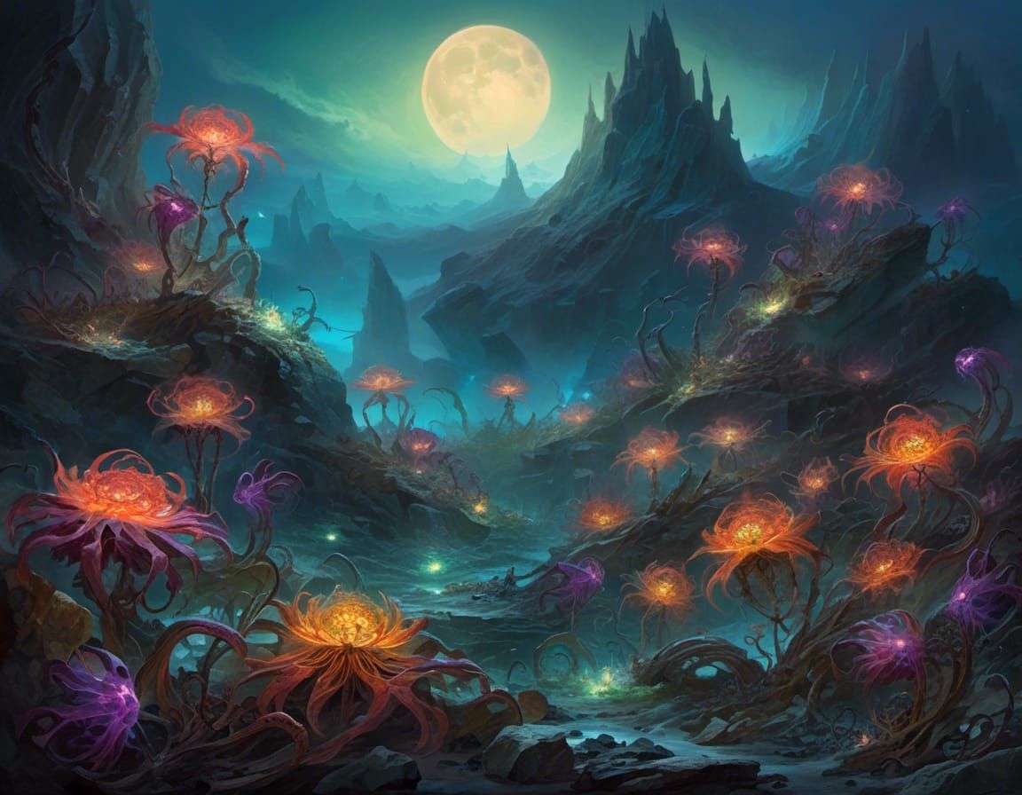 Glowing Bioluminescent Flowers Under Double Moon