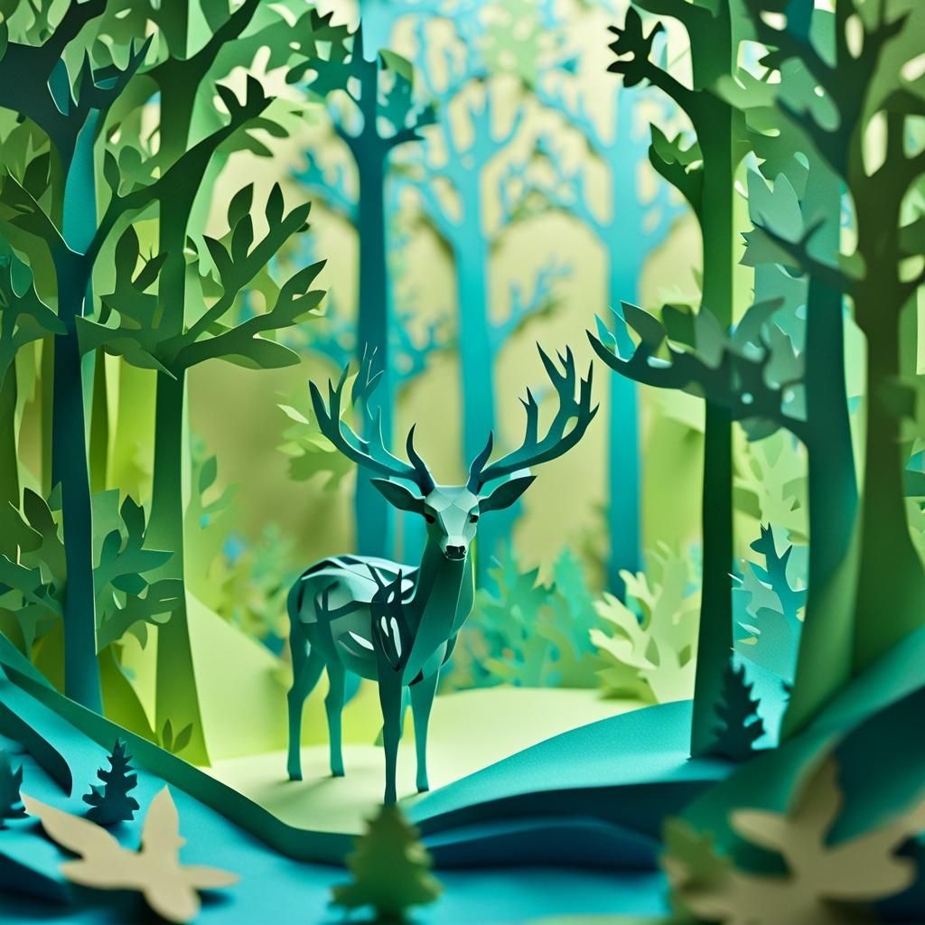 Colorful Papercraft Deer in Forest Glade