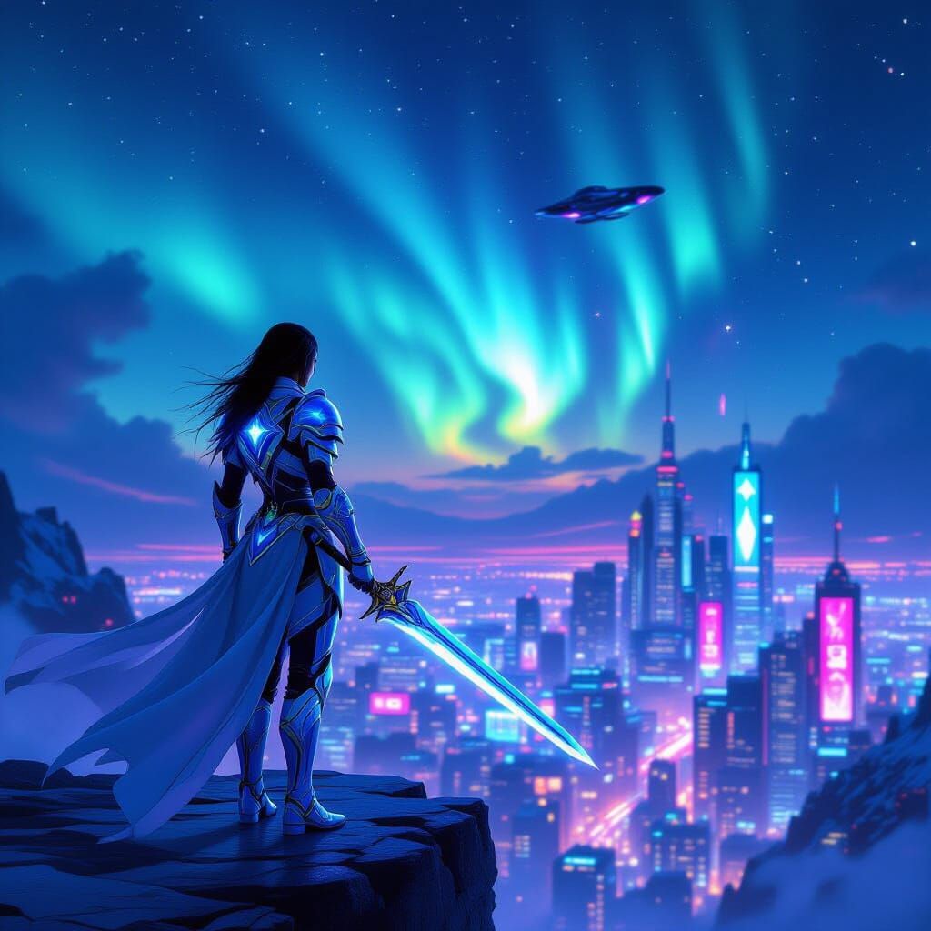 Celestial Warrior Over Cyberpunk City in Hyperrealistic Styl...