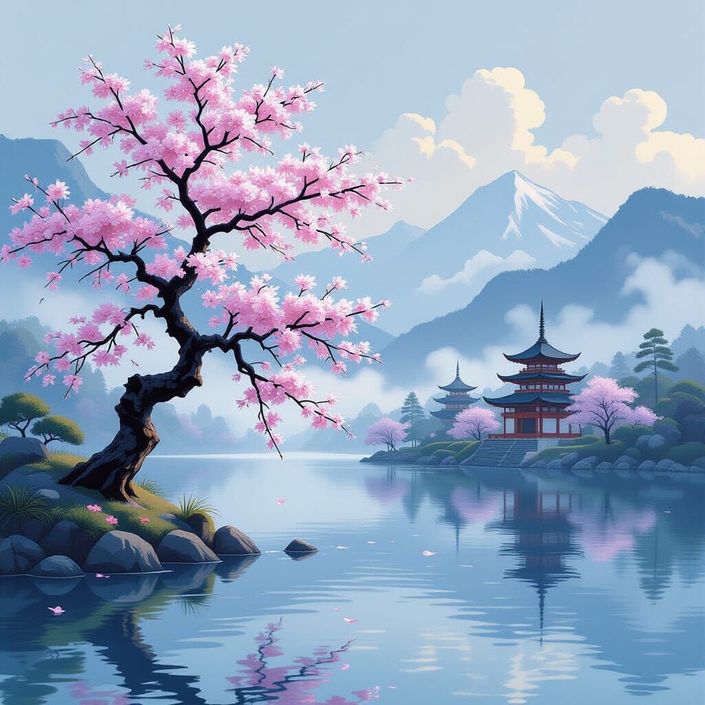 Ancient Sakura Tree Before Lake, Japanese Temples and Mounta...