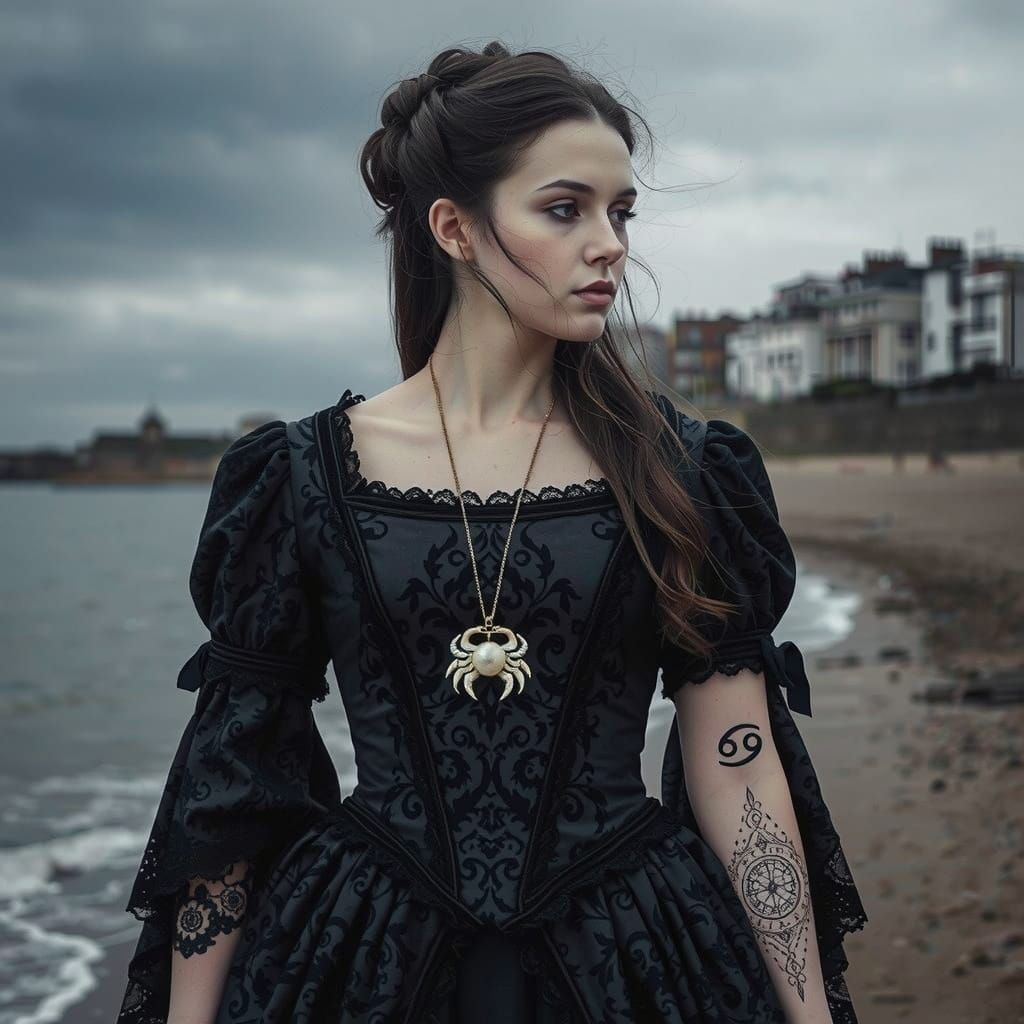 Victorian Woman with Crab Pendant on Cloudy Beach