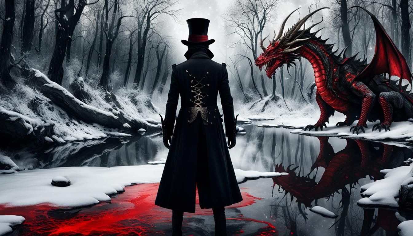 Gothic Man and Dragon in Snowy Forest