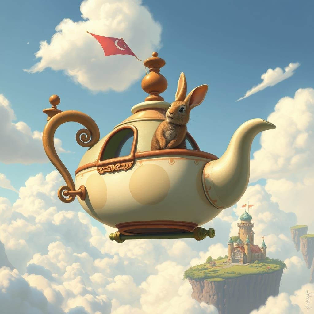 Teapot Airship Piloted by Rabbit in Whimsical Sky