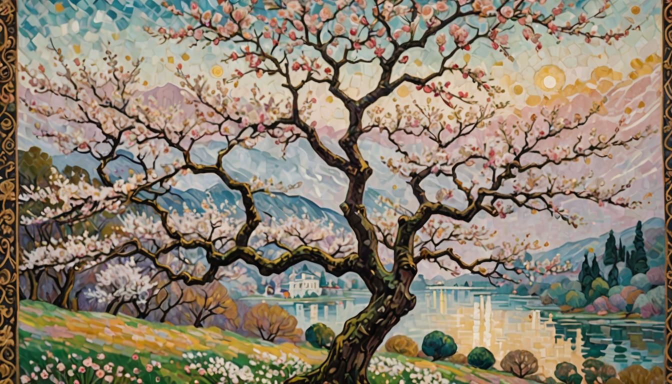 Cherry Blossom Tree in Bloom, Impressionistic Klimt-Monet St...