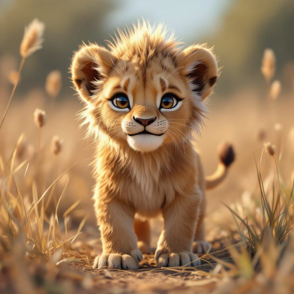 Fluffy Lion Cub in Grassy Field: 3D Anime Art