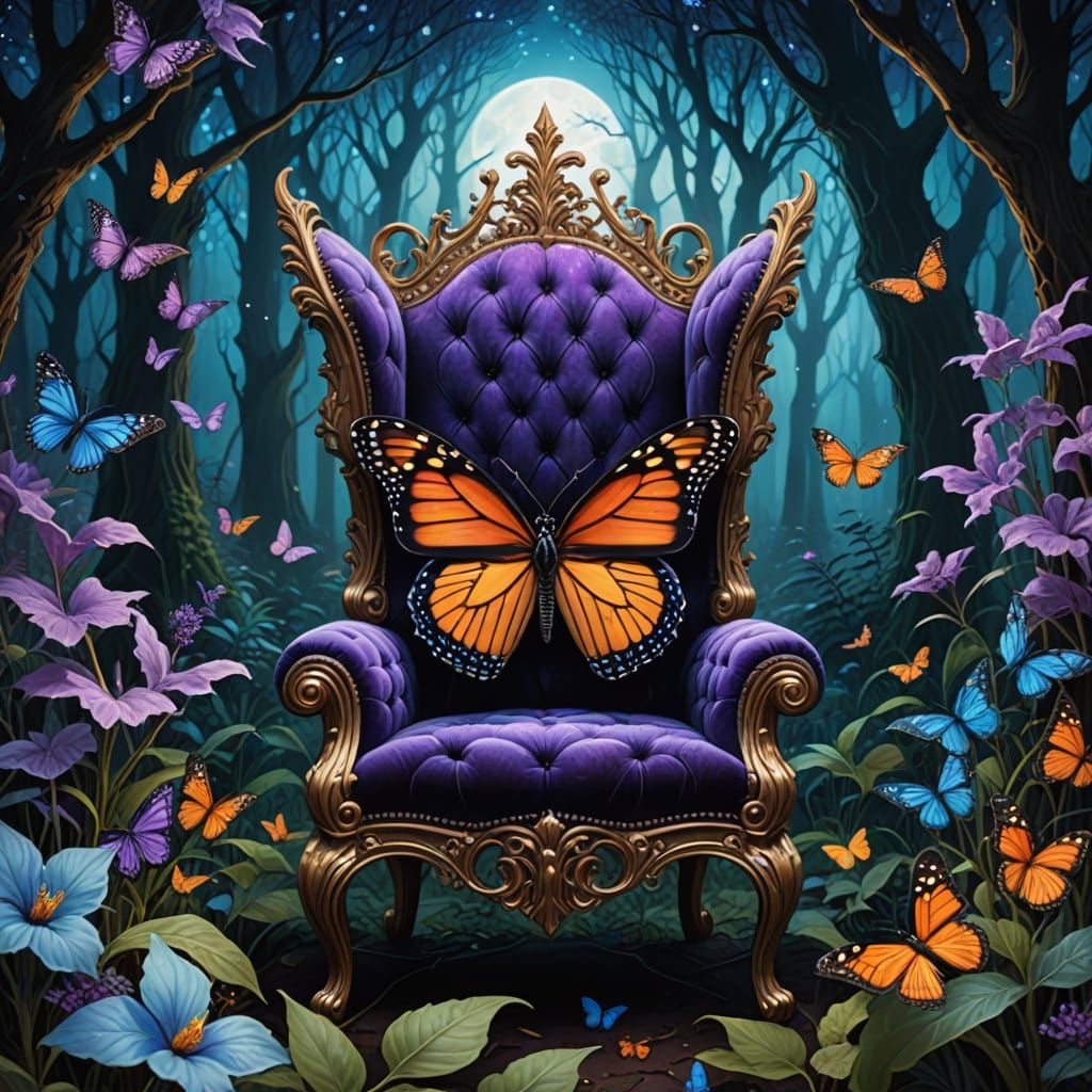 Surreal Fantasy Scene with Regal Butterfly on Velvet Throne