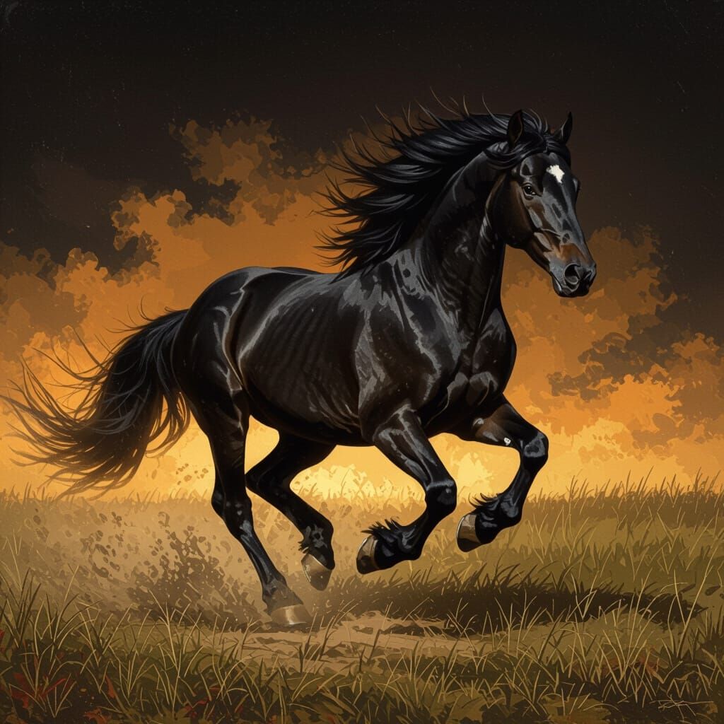 Majestic Black Horse Galloping Freely in Realistic Style