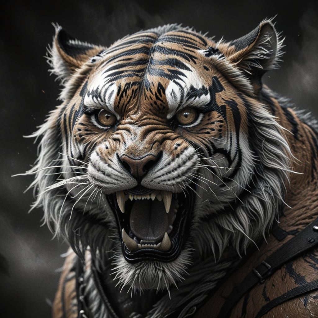 Fierce Anthropomorphic Tiger Pirate Roaring in Charcoal Sket...