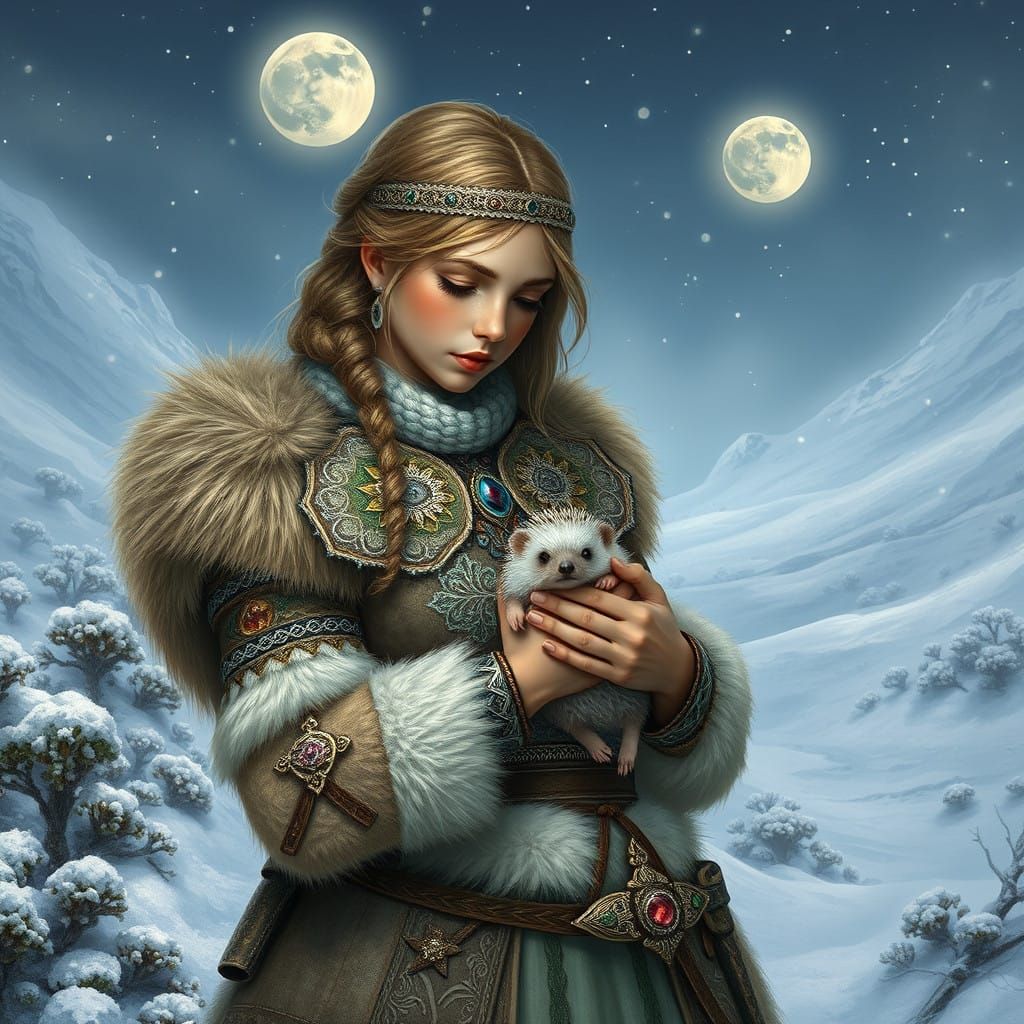 Viking Maiden Goddess Holds Sacred Hedgehog in Snowy Valley