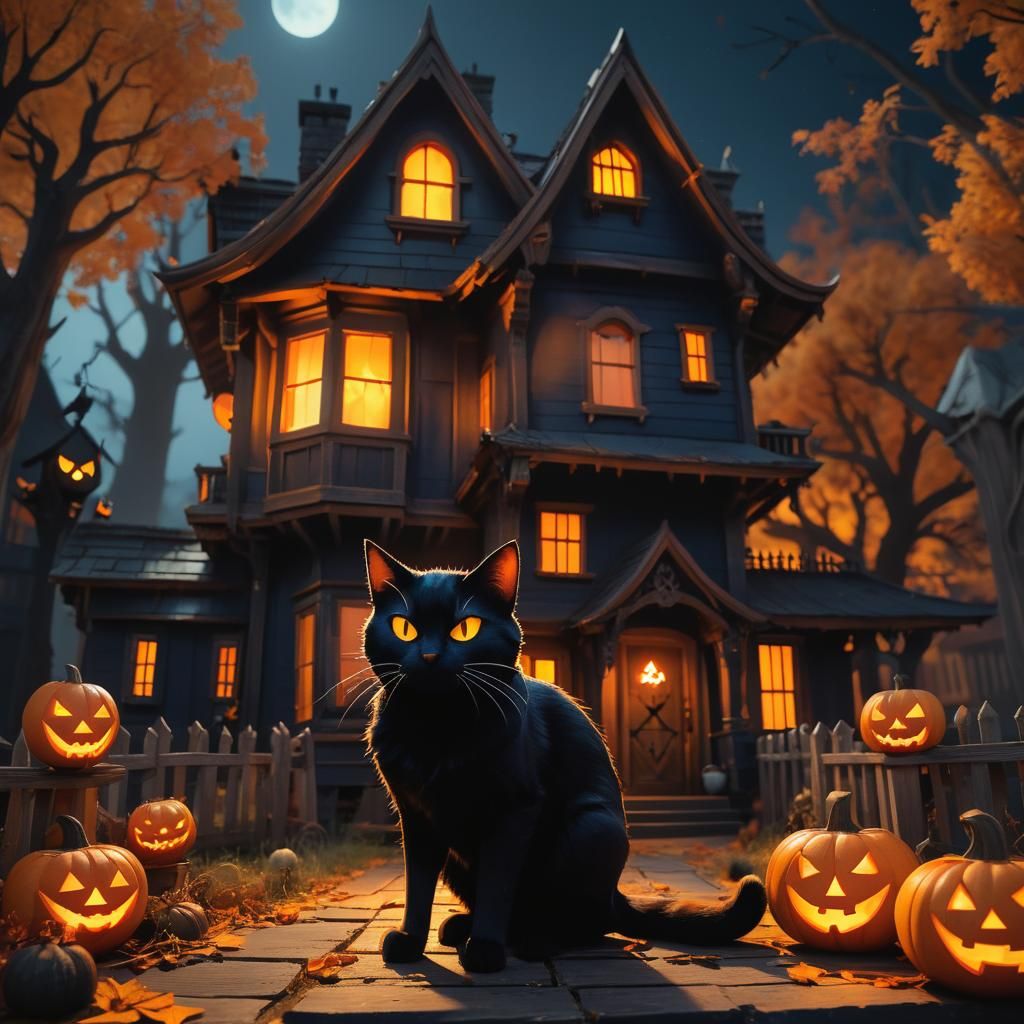 Spooky Black Cat and Jack-o'-Lantern in Anime Style