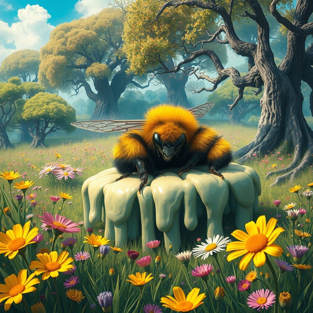 Giant Bumblebee Asleep in Dreamlike Surreal Meadow