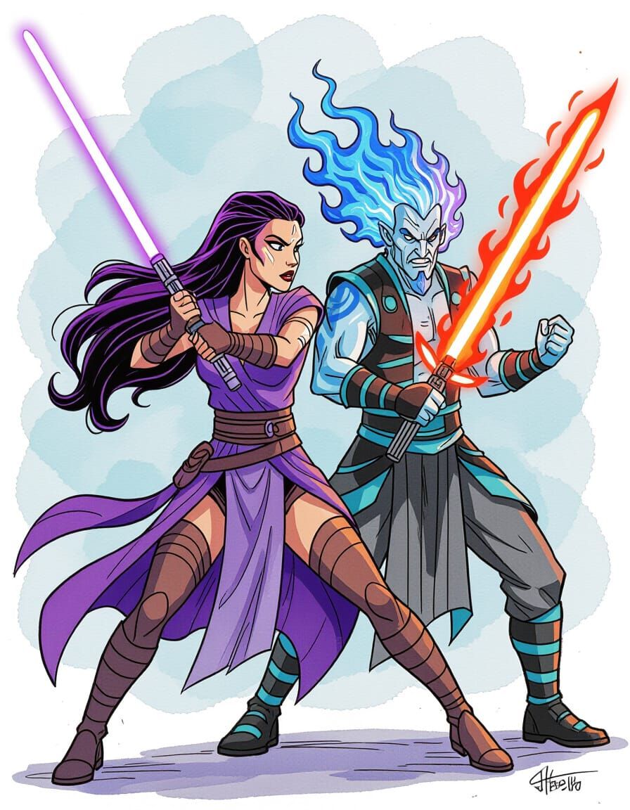 Jedi Megara vs Sith Hades in Watercolor Style
