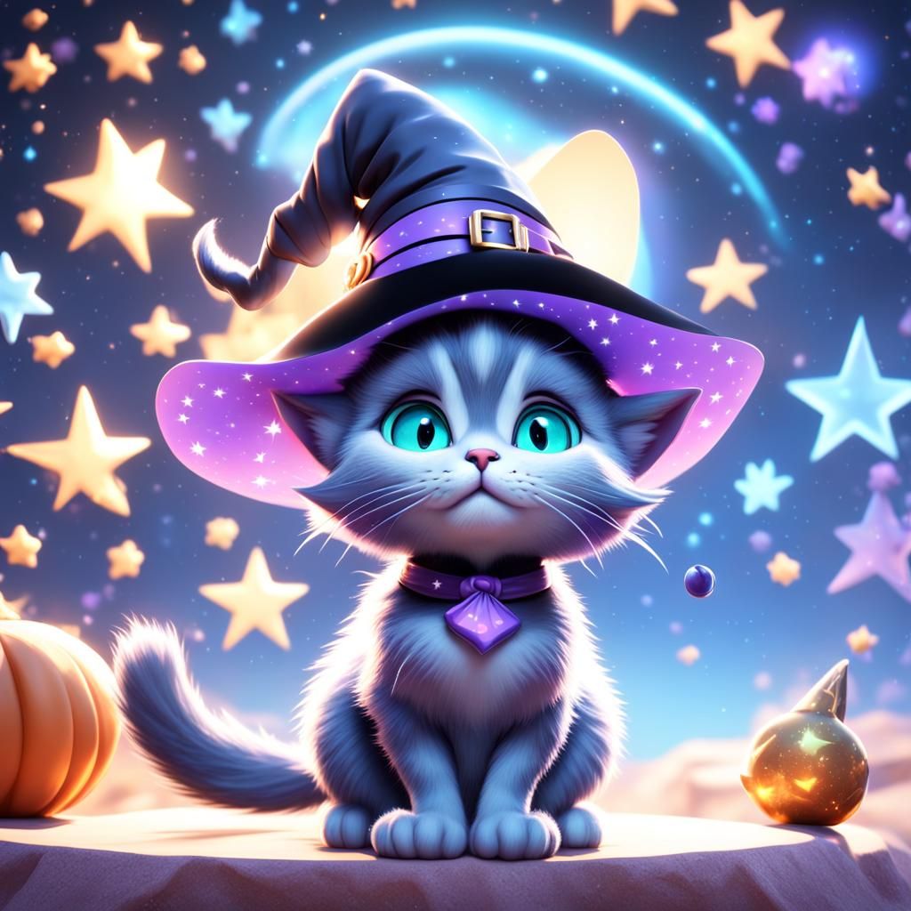 Cute Witch Kitten in Starry Panorama: 3D Digital Art