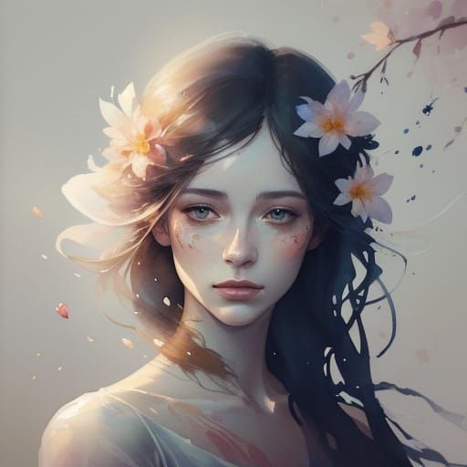 Ethereal Watercolor Portrait of a Woman Holding a Flower