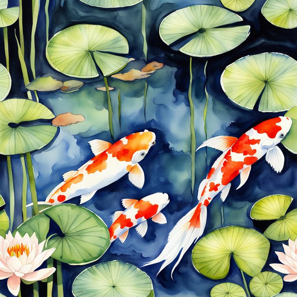 Koi Pond Serenity: Watercolor Painting of Lily Pads