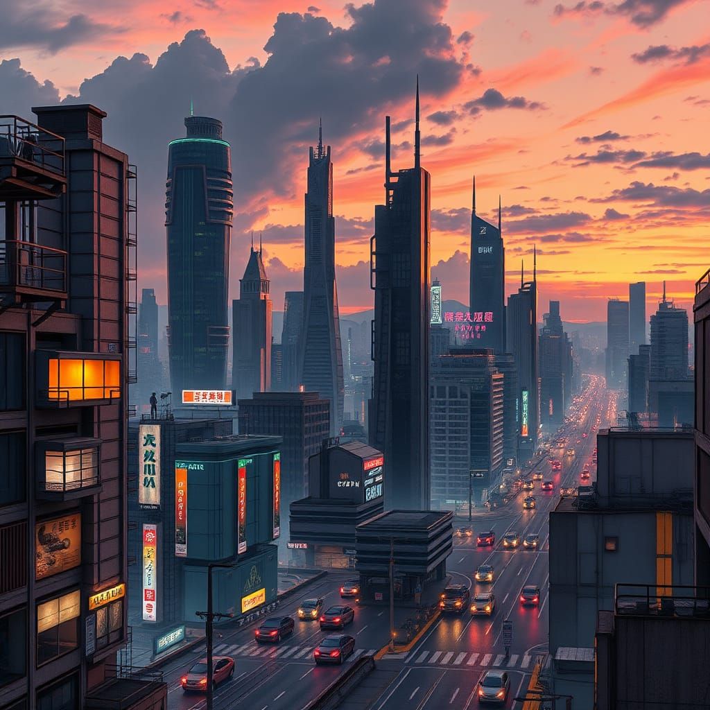 Futuristic Cityscape at Dusk in Cyberpunk Style