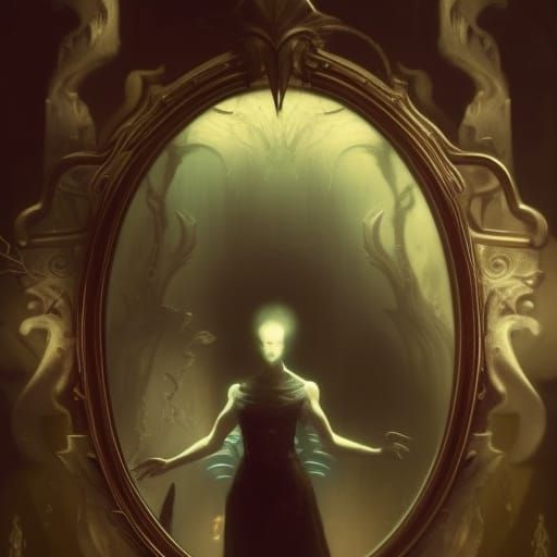 Magic Mirror with Ghostly Reflection, Dark Fantasy Art