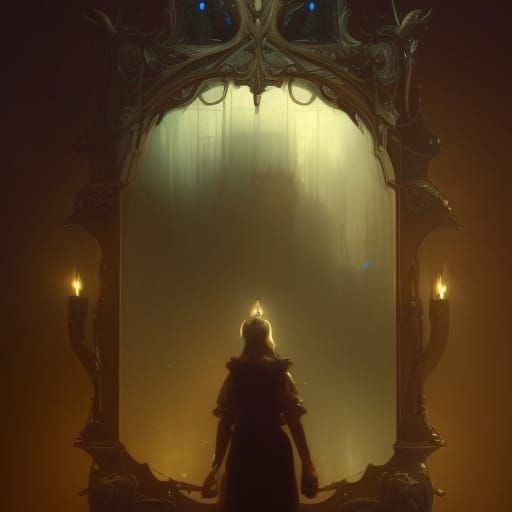 Magic Mirror Reflecting Ghostly Face in Dark Fantasy