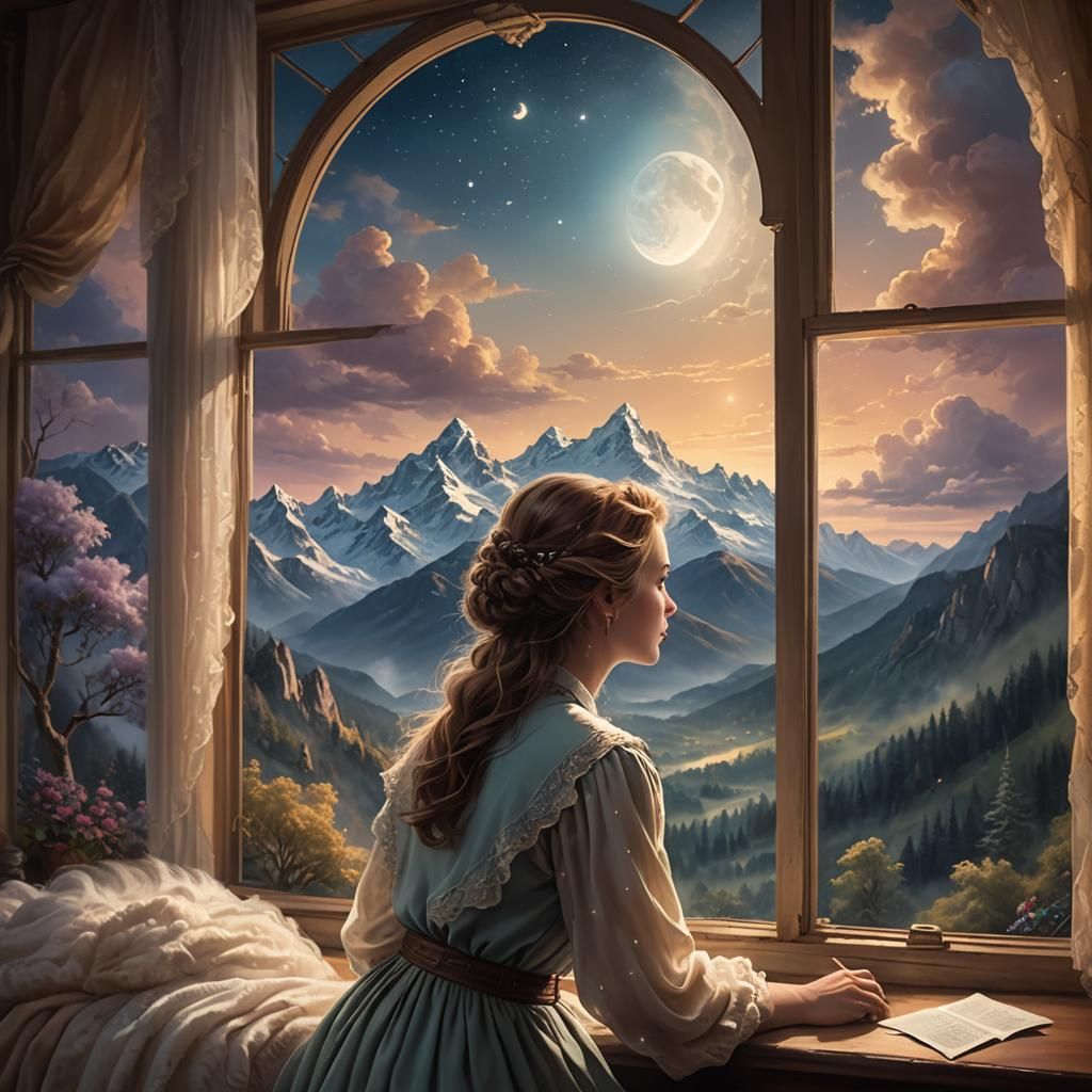Woman Gazing at Moonlit Landscape in Magical Realism
