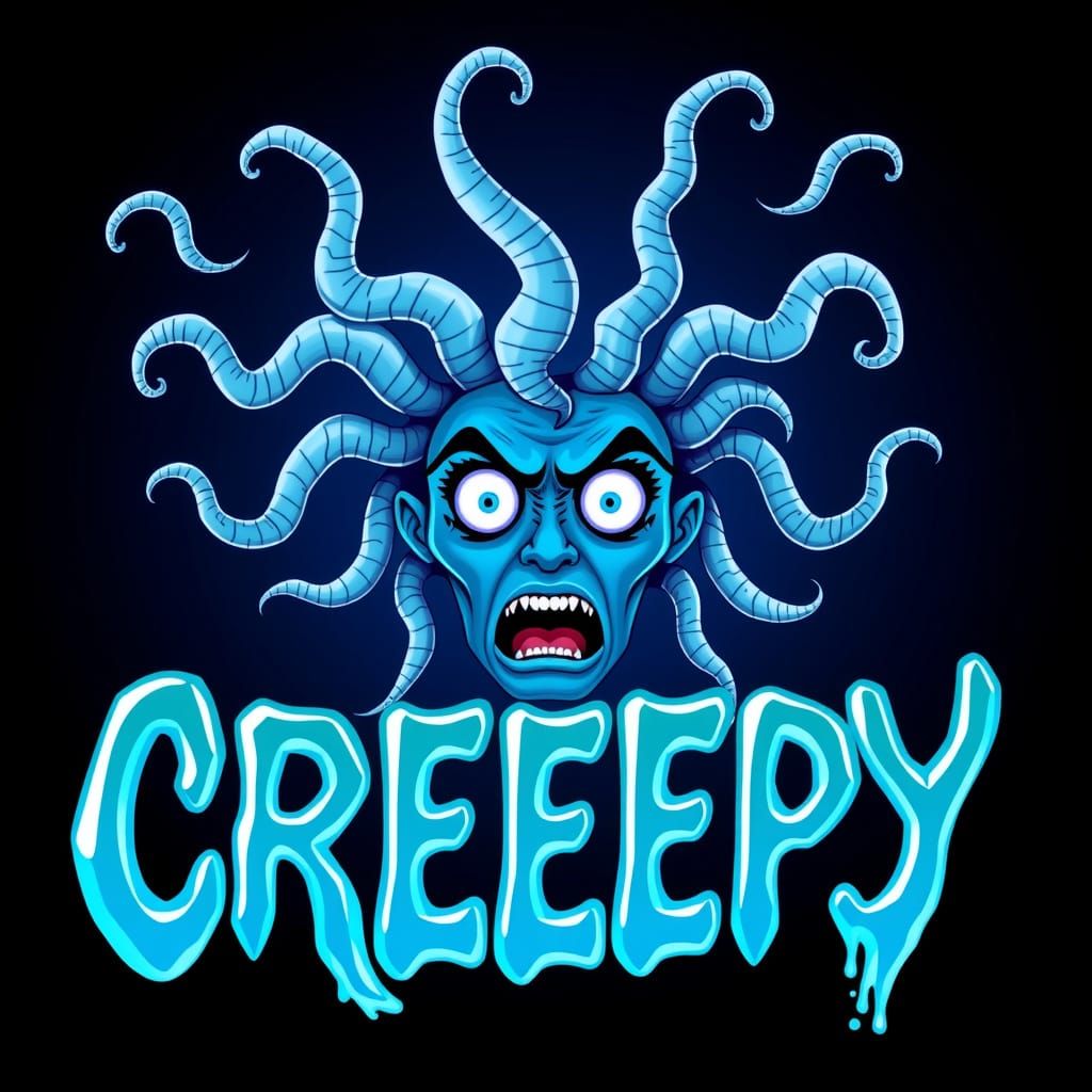The word “CREEPY” in neon ICE BLUE liquid font where the letters appear to be made of water, using flowing shapes and tr...