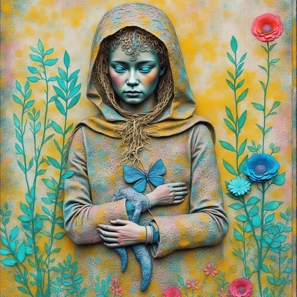 Whimsical Earthy Being Cares for Iridescent Winged Creature ...