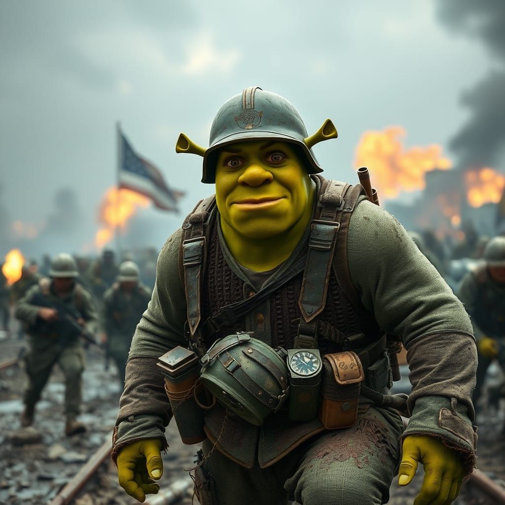 Shrek Lands on D-Day: A Gritty Digital Painting