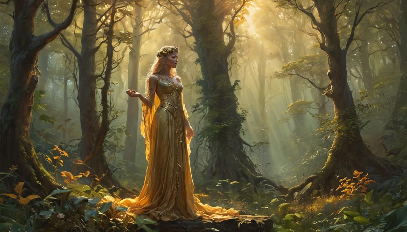 Mystical Sorceress in Dreamlike Forest, Mixed Media Art