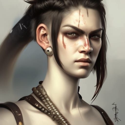 Barbarian Woman Portrait with Scar, Detailed Digital Art