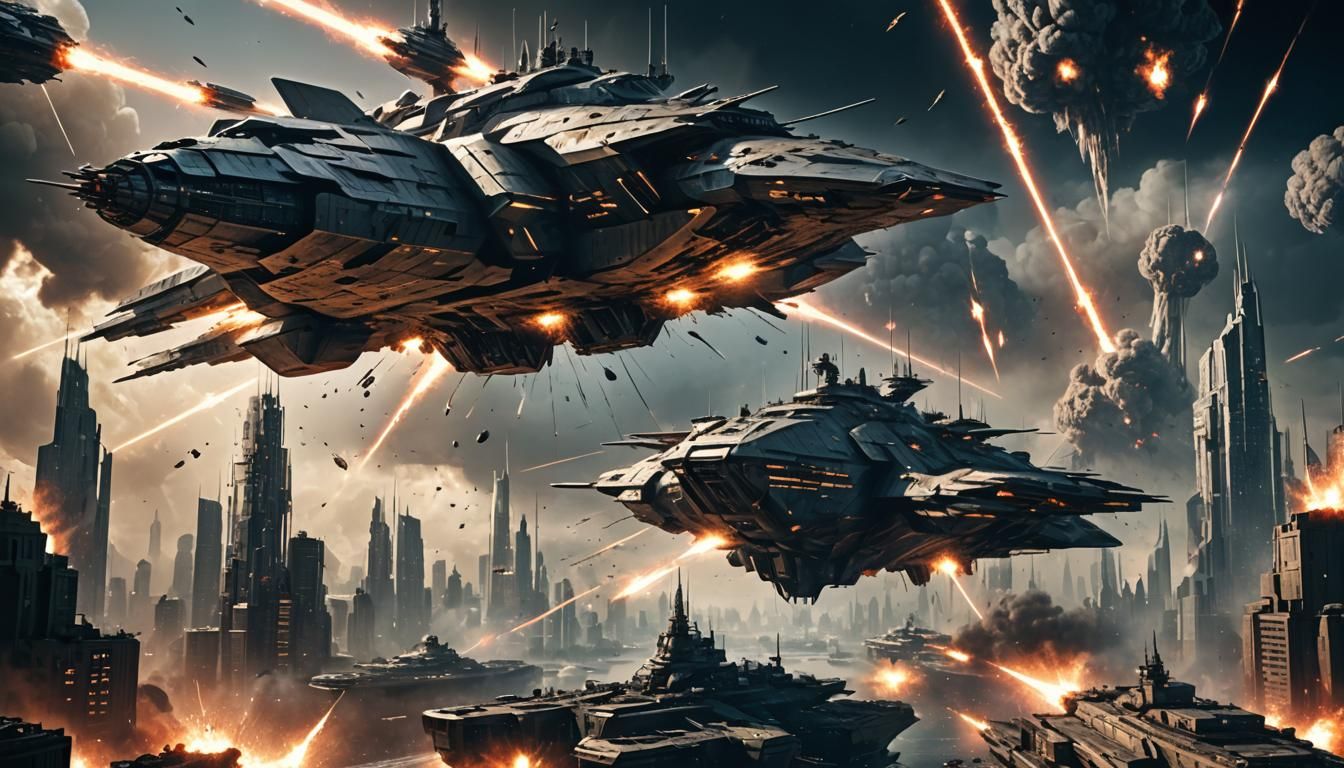 Futuristic Warship Explosions in Dark Metallic Skyline