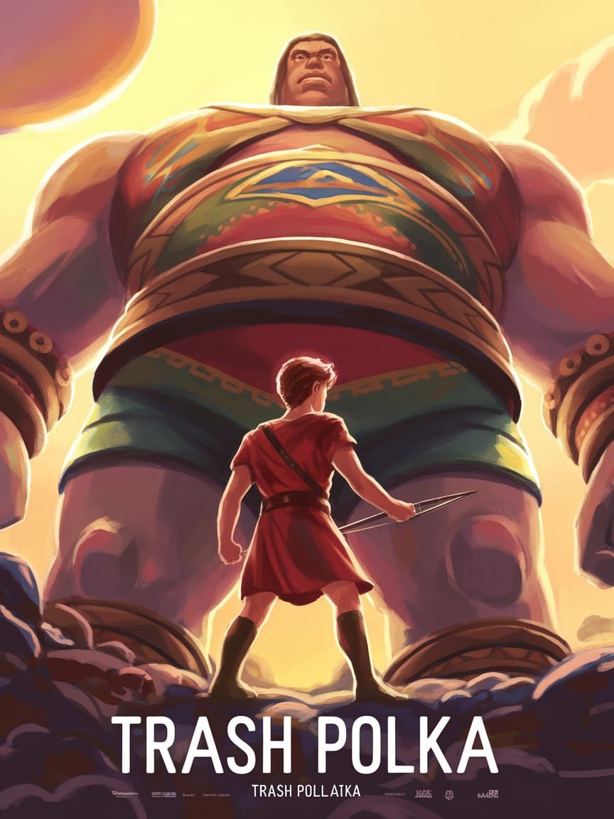 Confident David Confronts Goliath in Trash Polka Style Poste...